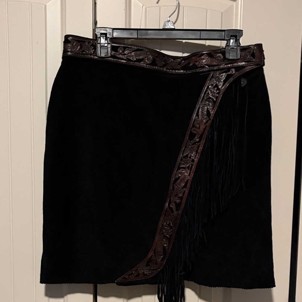 Kobler Black Suede Fringe Skirt with Brown Leather Trim XL